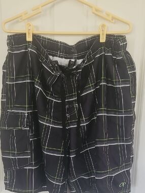 OP Black Plaid Swim Trunks with White and Lime Accents